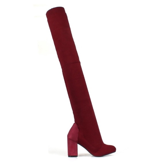 Burgundy Over the Knee Women's Sock Boots - Picture 3 of 5